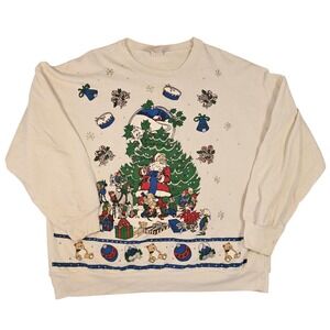 Vintage Holiday Time Christmas Santa Graphic Sweatshirt Cream XXL Made in‎ USA